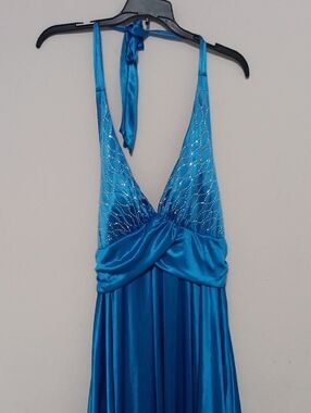 Blue Satin Halter Evening Dress